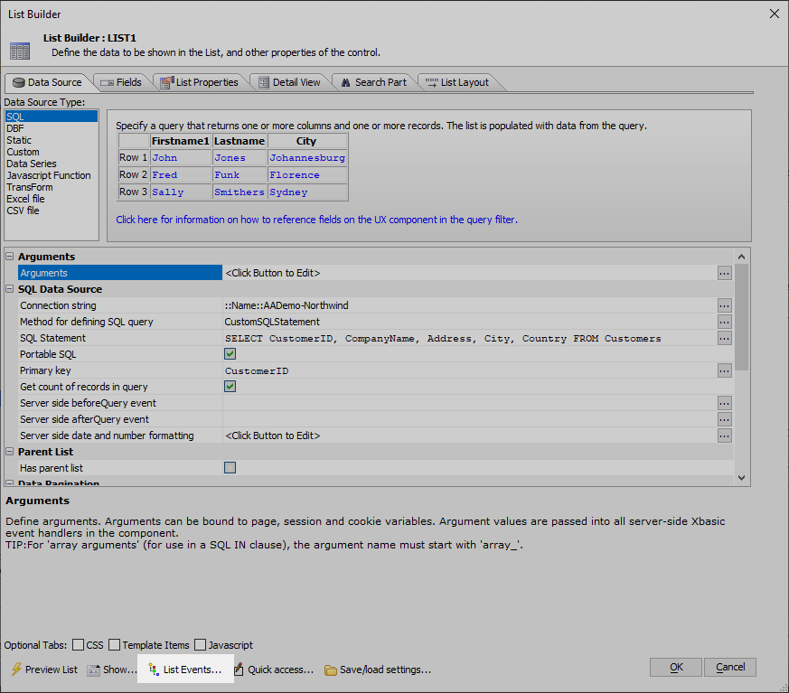 The EventsList Events button provides quick access to all
of the Client-Side events for the List control.